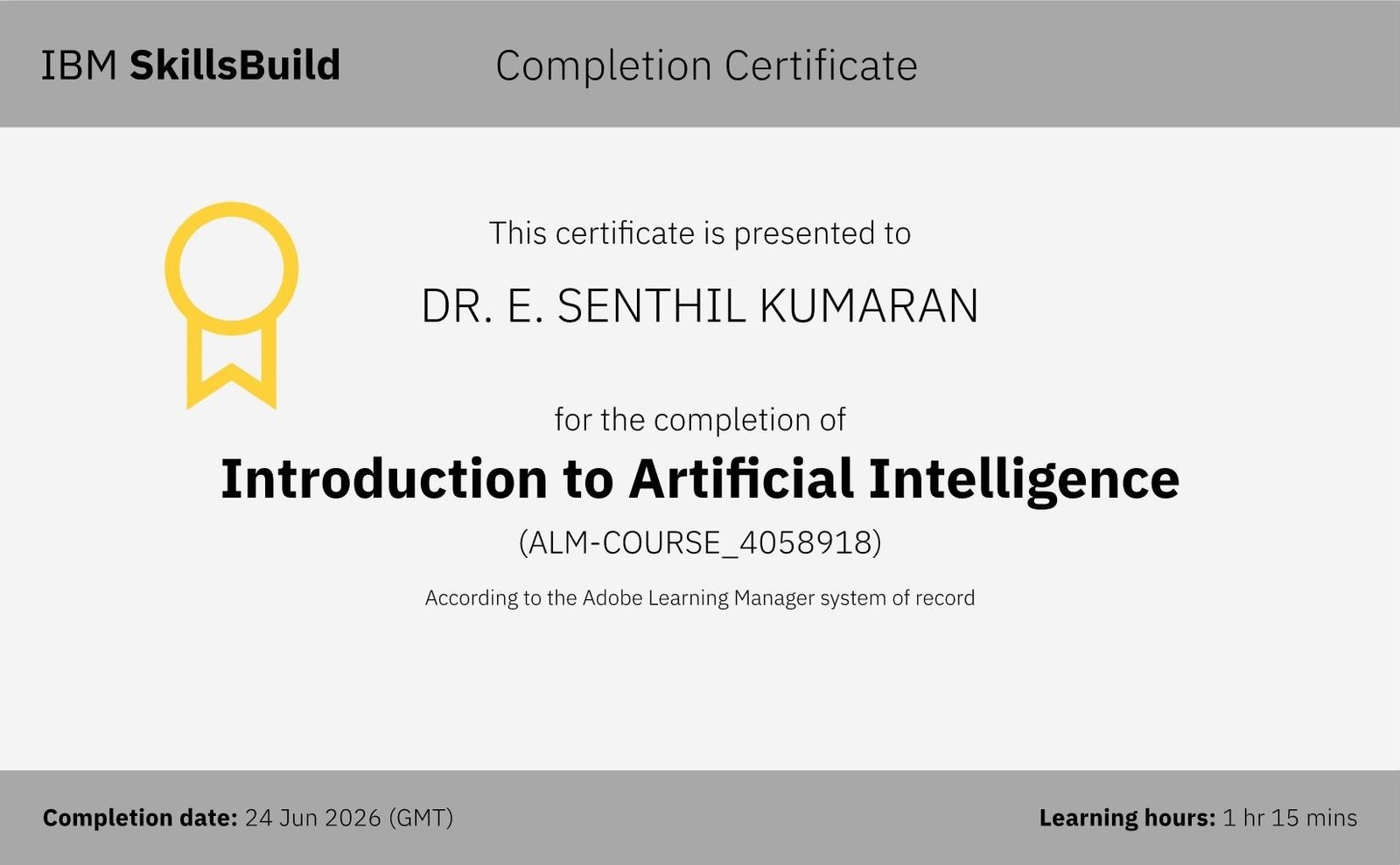 Introduction to Artificial Intelligence completion certificate